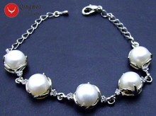 Qingmos-Pulsera de Perlas Naturales de perlas redondas planas para mujer, pulsera ajustable de 6-8 pulgadas, color blanco, 9-10mm, b256, Envío Gratis 2024 - compra barato