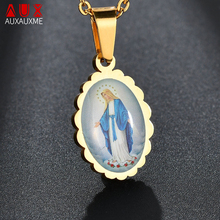 Auxauxme 2019 Oval de Ouro Virgem Maria Colar de Aço Inoxidável Azul Católico Cristão Para As Mulheres Homens Presente 2024 - compre barato