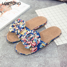 LCIZRONG 3D Flower Canvas Linen Slippers Beach Fashion Women House Slaps Flat Shoes Bohemia Female Hollow Out 2024 - buy cheap