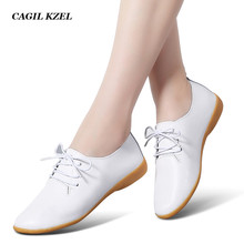 CAGILKZEL-zapatos planos de bailarina para mujer, mocasines de piel auténtica con cordones, color blanco, para primavera 2024 - compra barato
