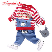 2021 new autumn boys and girls clothing sets children's casual stripe cartoon banner bear tops + pants 2 pcs suit kids clothes 2024 - buy cheap