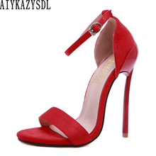 AIYKAZYSDL-Sandalias sexys con correa en el tobillo para mujer, zapatos de tacón fino de ante de imitación, tacón Ultra alto, fetiche, vestido de boda, de talla grande 2024 - compra barato