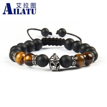 Ailatu Jewelry Wholesale 10pcs/lot Stainless Steel Helmet Braided Bracelet with Natural 10mm Matte Black Onyx Stone Beads 2024 - buy cheap