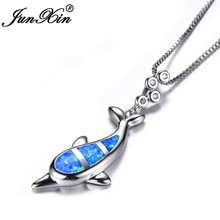 JUNXIN Ocean Blue Fire Opal Cute Dolphin Pendant Necklaces For Women Silver Color Mystical Stone Engagement Choker 2024 - buy cheap