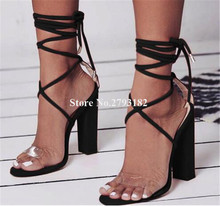 Newest Women Fashion Open Toe One PVC Strap Chunky Heel Gladiator Sandals Lace-up Yellow Black Thick High Heel Sandals Dress 2024 - buy cheap