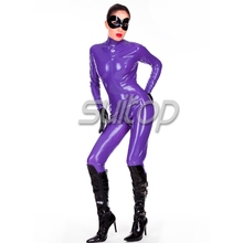 Women 's purple latex sexy catsuit latex tights with gloves rubber fetish zentai with two way back zipper 2024 - buy cheap