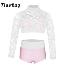 TiaoBug-Conjunto de traje de baile de dos piezas para niños y adolescentes, Top corto de manga larga con calzoncillos, ropa de baile, leotardo de Ballet y gimnasia para escenario 2024 - compra barato