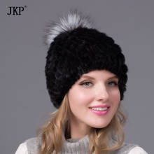 Hot sale real mink fur hat for women winter knitted mink fur beanies cap with fox fur pom poms 2018 brand new thick female cap 2024 - buy cheap