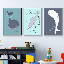 Pintura de tela azul narwhal beluga, arte de parede para crianças, decoração de quarto, pôster para o mar 2024 - compre barato