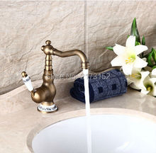 Free Shipping Deck Mounted Antique Brass Bathroom Faucet Ceramic Decorated Long Mouth Swivel Brass Basin Sink Mixer Tap A-033 2024 - buy cheap