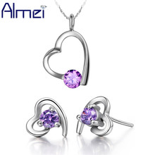 Almei Fashion Romantic Heart Jewelry Set for Women 2016 Purple/White Love Crystal Pendants Silver Necklaces Sets Earrings T016 2024 - buy cheap