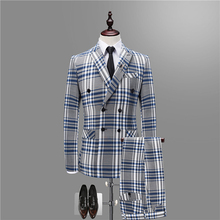 Terno masculino estilo xadrez com calças, conjunto de 2 peças com corte slim, modelo casual e listrado 2024 - compre barato