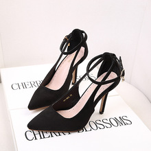 Women Shoes Pointed Toe Pumps Flock Dress Fashion Spring Buckle Rhinestone 8CM Fine High Heels Boat Shoes Basic 2024 - buy cheap