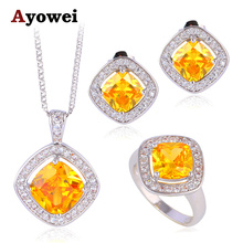 Ayowei Yellow Zircon for Women Square Fashion Jewelry Set Silver Stamped Earrings Necklace Ring Sz #6#7#8#9#10 JS636A 2024 - buy cheap