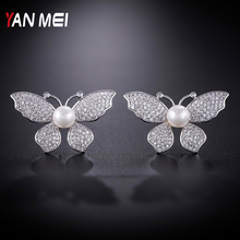 YANMEI Crystal Imitation Pearl Stud Earrings For Women Cublic Zircon Butterfly Earring Boucles D'oreilles YME9061 2024 - buy cheap