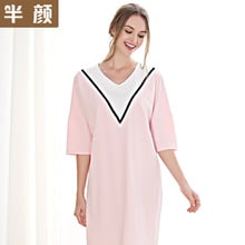 Spring Summer 100% Cotton Fashion Short Sleeved Nightdress V-neck Stitching Nightgowns Home Clothing Sleepshirts Women Dresses 2024 - buy cheap