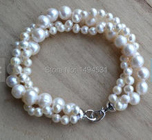 Wholesale Pearl Bracelet - 3 Rows 8 Inches 5-9mm White Color Natural Freshwater Pearl Bracelet Wedding Gift Jewelry 2024 - buy cheap