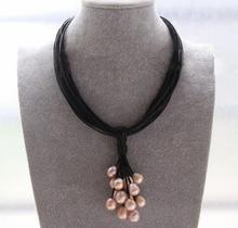 Colgante de varias capas para mujer, collar de cuerda de cuero negro, Perla ovalada rosa y púrpura, 17 '', 43cm, 9mm 2024 - compra barato