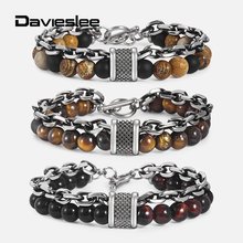 Pulsera de doble capa para hombre, piedra de ojo de tigre Natural, cuentas, pulsera de cuentas de cristal, cadena de Rolo de acero inoxidable, hebilla, DDBM51 2024 - compra barato