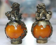 A Pair of Old Tibet Silver Hand Carved Amber Dragon Phoenix Ball Lion Statues 2024 - buy cheap