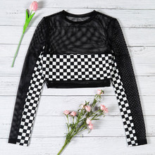 Sexy Women Perspective Crop Tops Long Sleeve Fishnet Hollow Plaid T-Shirt Tops Summer Casual Slim Tee Tops 2024 - buy cheap