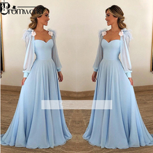 Light Blue Muslim Evening Dresses 2020 A-line Flowers Chiffon Plus Size Prom Dress Arabic Dubai Long Sleeves Evening Gown 2024 - buy cheap