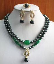 Collar de perlas de color negro, conjunto de anillo y pendientes, 8mm, 2 filas, moda nueva 2024 - compra barato