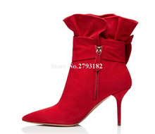 Women Brand Pointed Toe Unique Ruffle Thin Heel Short Boots Red White Black Fringed High Heel Ankle Boots Zipper-up 2024 - buy cheap