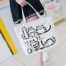 Bolsa de lona feminina dos desenhos animados gato impressão bolsa de ombro grande capacidade senhoras bolsa de praia lona sacola de compras 2024 - compre barato