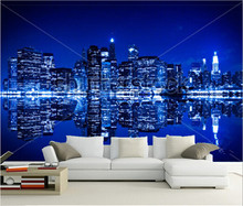 Murales 3D personalizados, Nueva York por la noche con reflejo en el agua con tono azul, sala de estar, sofá, pared de TV para niños, pared del dormitorio de papel 2024 - compra barato
