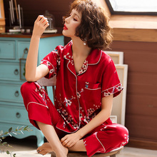 Women Pyjamas Set 2022 Summer Pajamas Silk Floral Print Sweet Women Sleepwear Set Lady Nightwear short tops+Long Pants Silk Sets 2024 - buy cheap