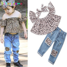 Conjunto de roupas infantis 1-6 anos/primavera verão, 3 pçs, estampa de onça, camiseta + jeans + tiara, roupas de bebê para meninas bc1646 2024 - compre barato