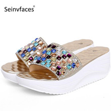 Adult womens' summer outside fashion colorful crystal rhinestone wedges high heels slides slippers sandals shoes woman F45 2024 - buy cheap