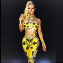 Fashion Summer Yellow Printed Jumpsuit Crystals Women Sleeveless Bodysuit Outfit Dance Stage Show Nightclub Costume Party Wear 2024 - buy cheap