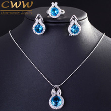 CWWZircons Top Brand Cubic Zircon Jewelry Fashion Round Light Blue CZ Crystal Necklace Earring and Ring Set for Women Gift T200 2024 - buy cheap