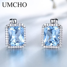 UMCHO Luxury Rectangle Created Sky Blue Topaz Clip Earrings Solid 925 Sterling Silver Gemstone Earrings For Women Fine Jewelry 2024 - купить недорого
