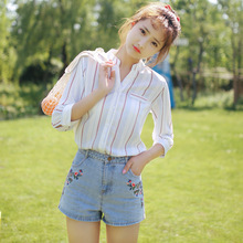 Autumn Girls Chiffon Shirt Korean V Collar Seven Quarter Sleeve Striped Blouse Student Leisure Summer Loose Cute Women Top H9131 2024 - buy cheap