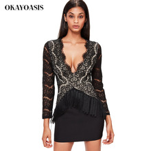 OKAYOASIS Black Lace Dress Women Sexy V Neck Mini Dress Elegant Fringe Tassels Fashion Bodycon Dress Party Lady Vestidos 2024 - buy cheap