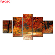 5 pçs casa decorativa pintura diamante árvore vermelha floresta pintura diamante bordado paisagem mosaico diy 5d kits de ponto cruz 2024 - compre barato