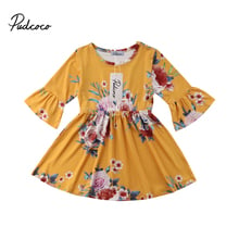 2018 Brand New Summer Lovely Princess Dress 1-6Y Toddler Baby Girls Long Flare Sleeve Floral A-Line Knee-Length Yellow Dress 2024 - buy cheap