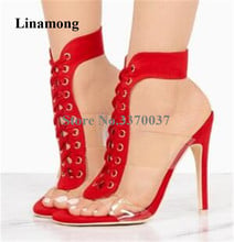 New Design Peep Toe PVC Stiletto Heel Suede Leather Gladiator Sandals Lace-up Transparent Straps Red Black High Heel Sandals 2024 - buy cheap