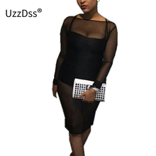 Uzzdss-vestido de noite sexy, vestido de malha com perspectiva preta, duas peças, decote redondo, manga longa, quadril, mini vestido 2024 - compre barato