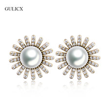GULICX Luxury Big Earring for Women Gold-color Stud Earrings White Simulated-Pearl Crystal Zircon Flower Wedding Jewelry E502 2024 - buy cheap