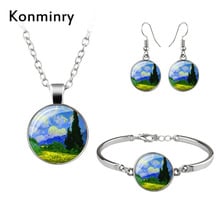 Konminry Life Tree Jewelry Sets Mandala Flower Van Gogh Art Painting Glass Cabochon Handmade Stud Earrings Women Girl Gift 2024 - buy cheap