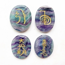 Natural Rainbow Fluorite Quartz Crystal Stone Reiki Symbols Stones Healing Palm Stones Set 4pcs Gold Lettering Wholesale 2024 - compre barato
