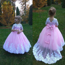 Flower Girl Dresses White Lace Appliques Pink Tulle with Bow Child Pageant Gowns Birthday Party Dress 1-14Y 2024 - buy cheap