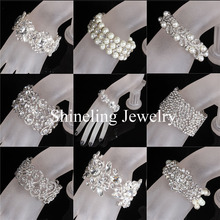 SLBRIDAL Clear Bridal Wedding Bracelet Bangle Rhinestone Crystal Pearls Stretch Bracelet Wedding accessoreis for your Wedding 2024 - buy cheap