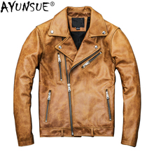 Мужская куртка из натуральной кожи AYUNSUE, желтая мотоциклетная куртка с воском из коровьей кожи, 2020 KJ1914 2024 - купить недорого