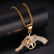 Hip Hop Rhinestones Paved Bling Iced Out Gold Color Stainless Steel Revolver Gun Pendants Necklace for Men Rapper Jewelry 2024 - buy cheap