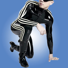 New Fashion Men Rubber  Catsuit Latex Fetish Sexy Black Latex Male Bodysuit With 3 White Strips Hot Sale 2024 - buy cheap